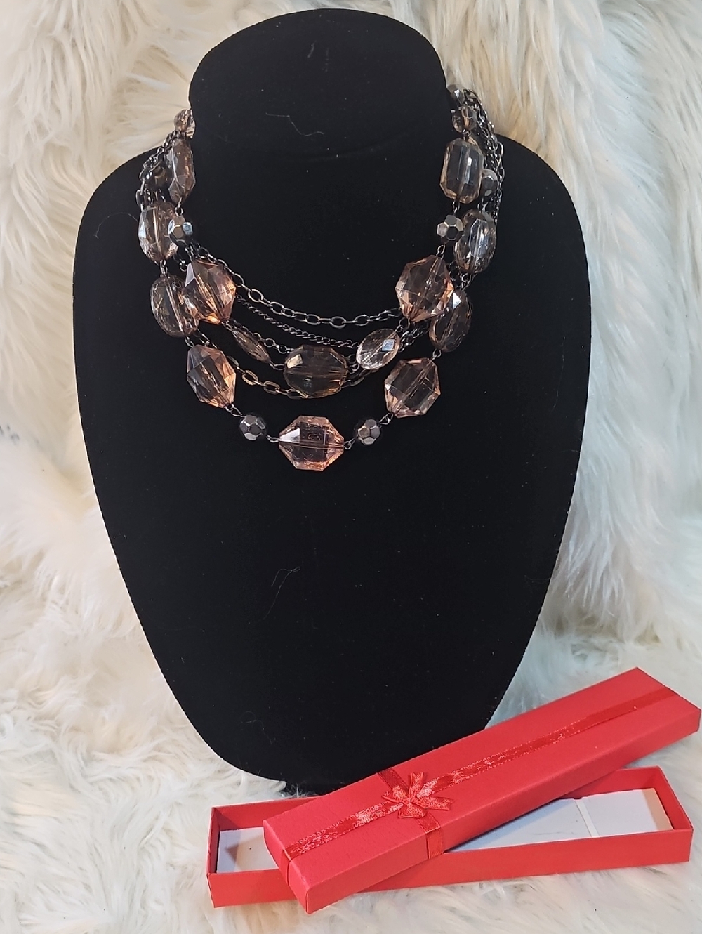 Multi-Strand Smoky Pink Crystal Necklace - #61